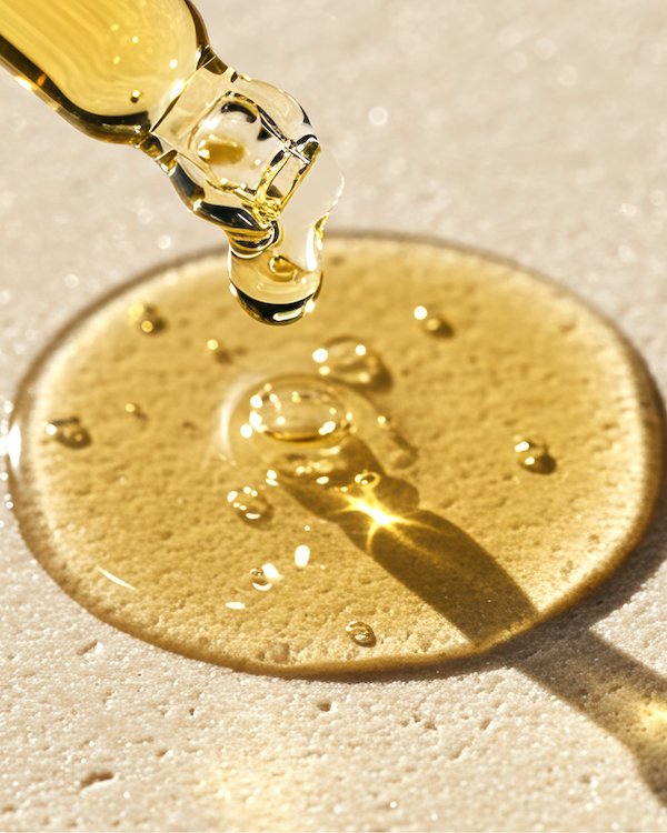 A closeup picture of a puddle of Pom Pom oil being dropped out of a glass dropper.
