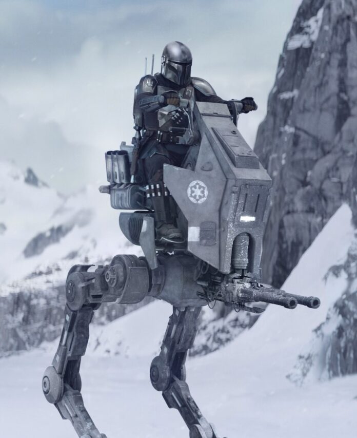 The Mandalorian rides a Star Wars bot walker in the snow and mountains.