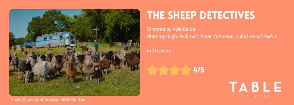 The Sheep Detectives Movie Rating 4/5 stars with a photo of the animated sheep in a field from the film. 