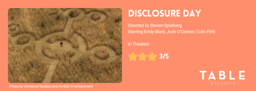 An orange review card giving disclosure day 3/5 stars beside a photo of crop circles from the movie.