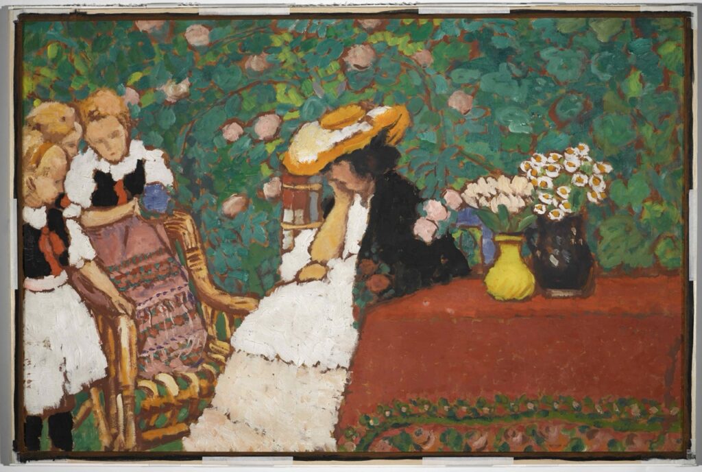 A painting of a woman at a red table with a hat hiding her face, white dress, and dark black jacket. Two other women in blonde hair and dresses talk to her.