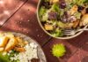 Grain Bowl with White Balsamic Dressing A grain bowl with quinoa, brown rice, greens, and beets sits next to a White Balsamic Dressing and another grain bowl.
