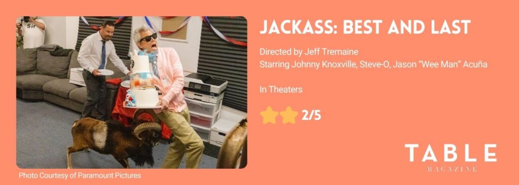 An orange background with a photo of Johnny Knoxville from Jackass Best and Last being chased by a goat with a movie rating of 2 out of 5 stars.