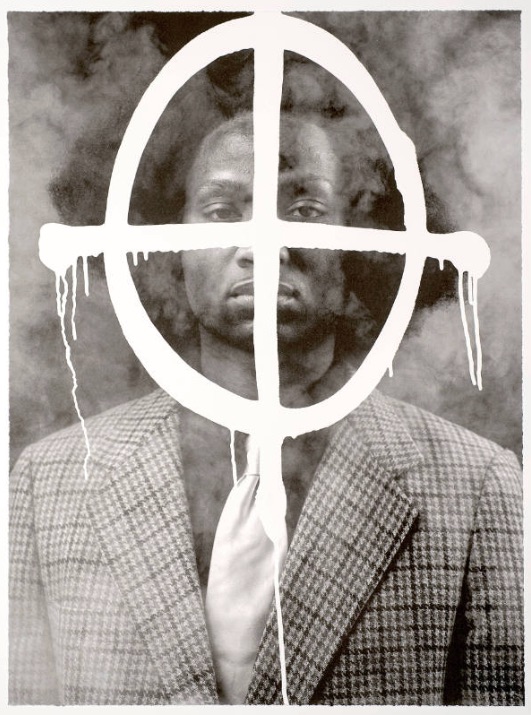 A portrait of a man in black and white with a white cross and circle drawn over him.