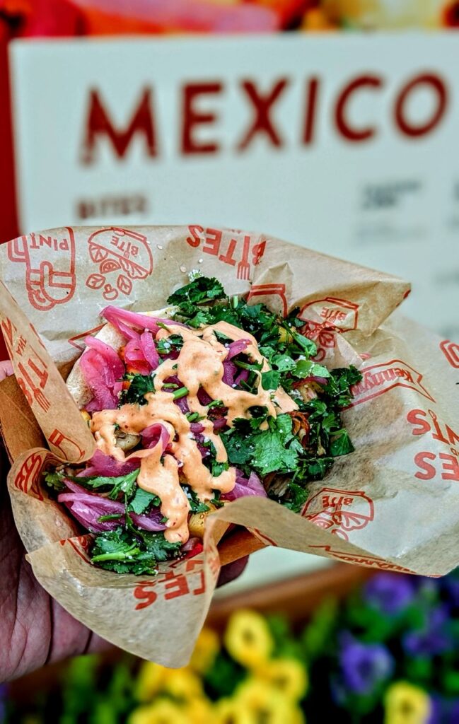 A taco stacked with cilantro, onion, sauce, and more.