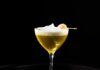 The Lychee Veil Cocktail A lychee cocktail with a foam on top in a martini glass on a black tray.