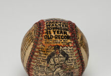 ‘Play Ball! The Art of George Sosnak’ Brings the Baseball Diamond to the Westmoreland Museum An old baseball with a pirates player painted on it and text above him about his record.