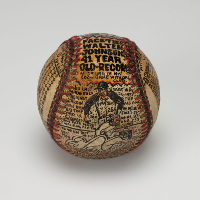 An old baseball with a pirates player painted on it and text above him about his record.