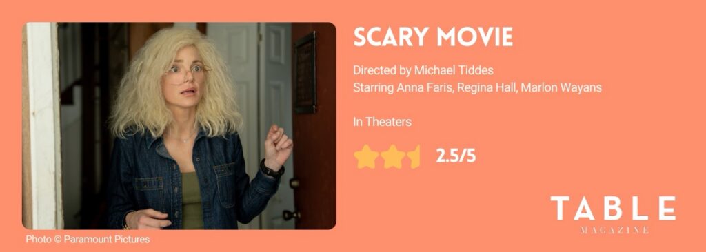 An orange banner with a picture of a woman with glasses and big frizzy hair with a 2 1/2 out of 5 star movie rating for Scary Movie.