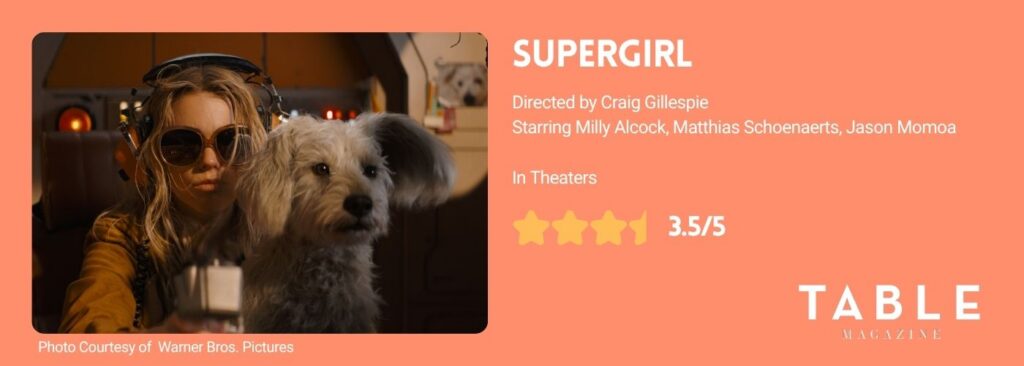 Supergirl in sunglasses and her white dog on an orange movie rating card of 3.5 out of 5 stars. 