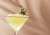 Frozen Dirty Martini A tall martini glass with a frozen dirty martini, a gherkin garnish, and sprig of dill both inside the glass and on the table.