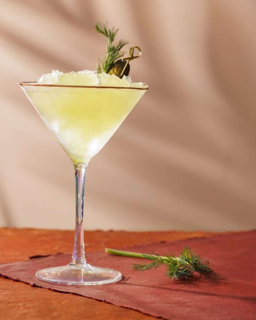 A tall martini glass with a frozen dirty martini, a gherkin garnish, and sprig of dill both inside the glass and on the table.