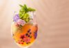 Frozen Melon Gin Spritz A tall wine glass with florals on the glass holds a Frozen Melon Gin Spritz with mint as a garnish.