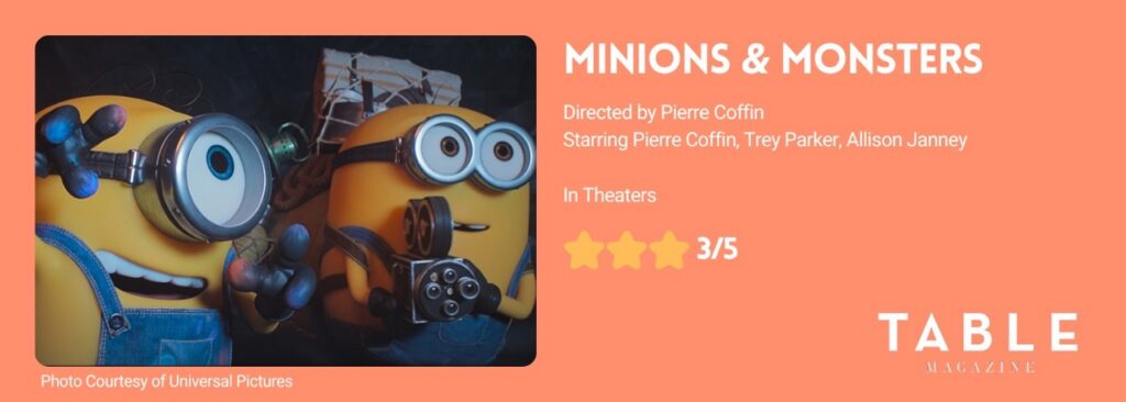 An orange rating card with a picture of two minions for the movie Minions & Monsters, giving it 3/5 stars.