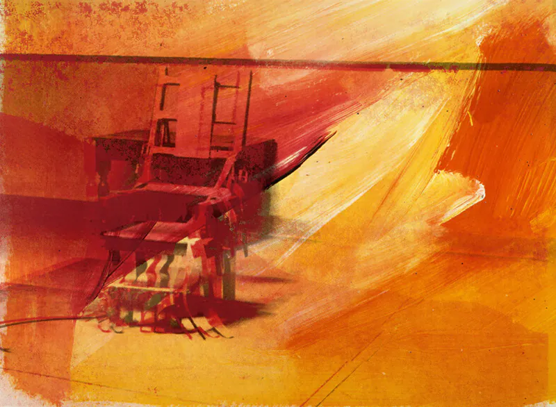 Abstract painting of an electric chair in warm, bold colors.