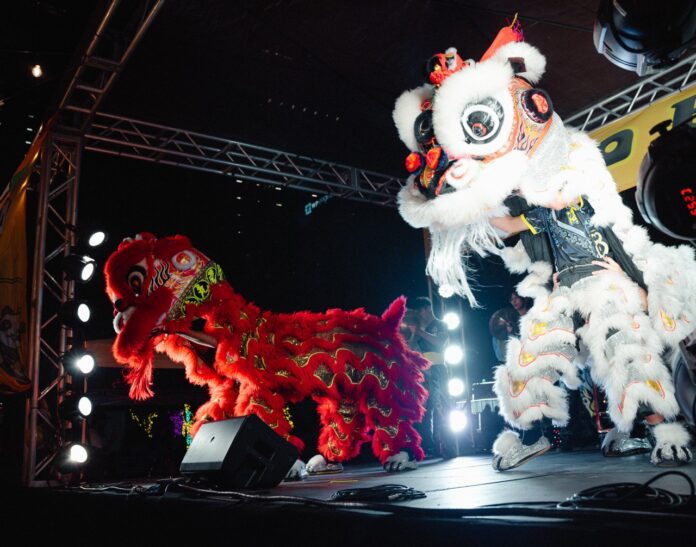 Two lion dancers on stage, one red, one white.