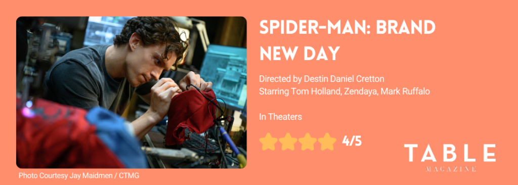An orange rating card for Spider-Man Brand New Day giving the film 4/5 stars. 