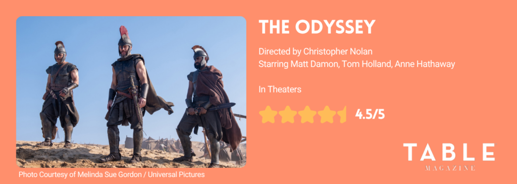 An orange rating card of 4.5/5 stars for The Odyssey featuring a picture of three soldiers from the film.