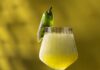 Frozen Sauvignon Blanc Cocktail A tall stem wine glass with a frozen sauvignon blanc cocktail inside and a jalapeno pepper garnish with slices of jalapeno below the glass.