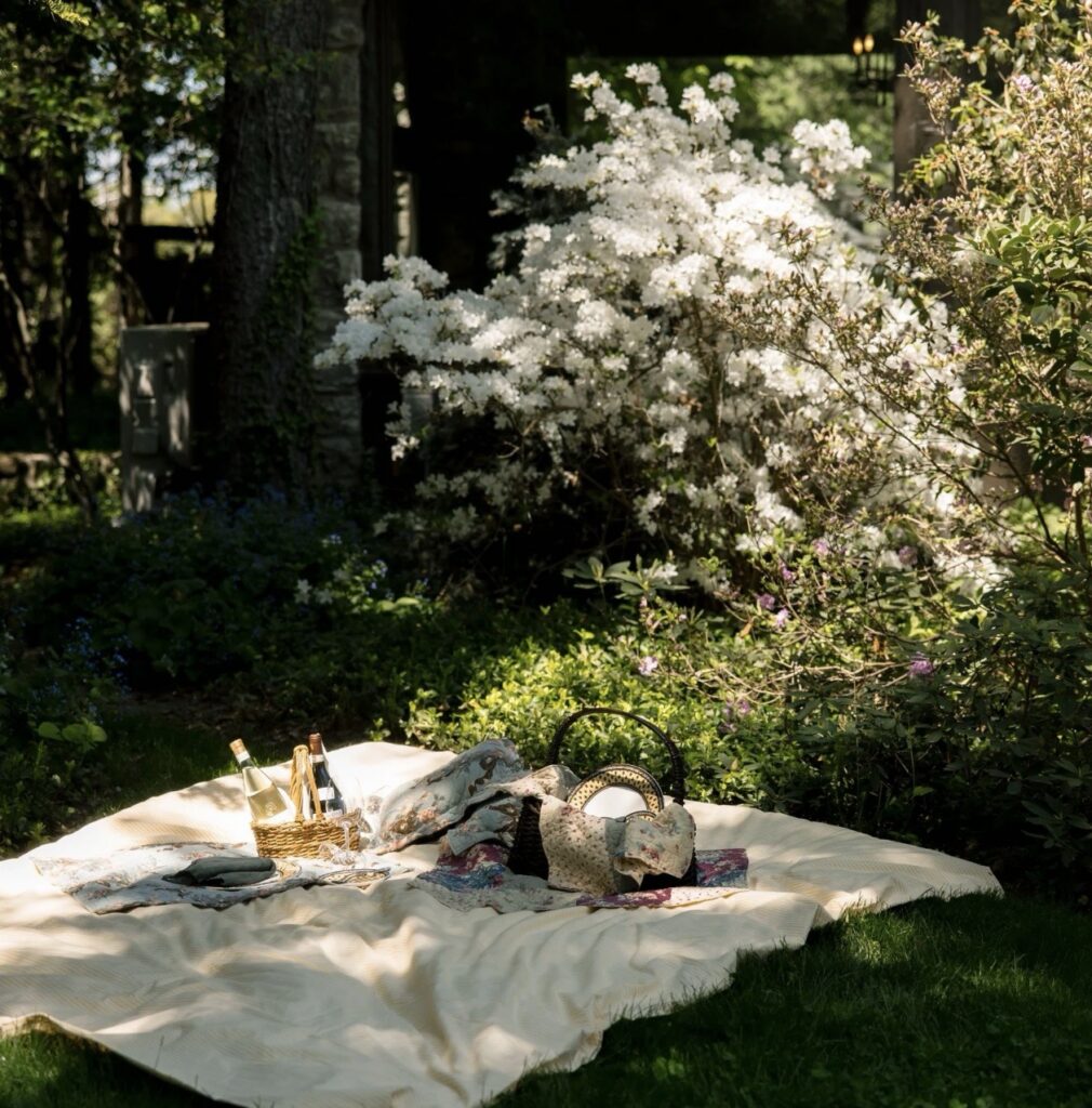 A picnic setting out by a blooming bush.