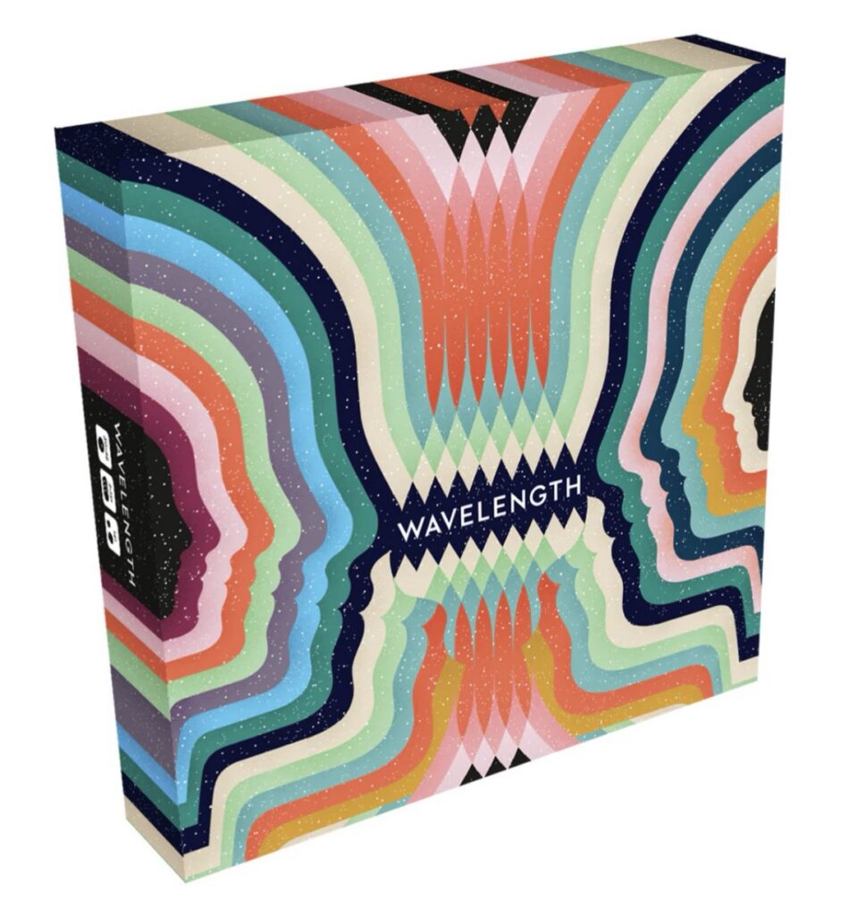 A board game box for Wavelengths with the outline of two people looking at each other.