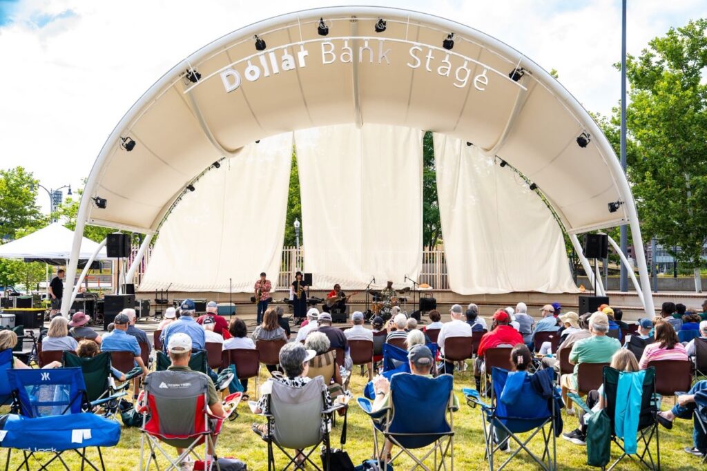 Dollar Bank Stage at a Pittsburgh event with a live band and audience