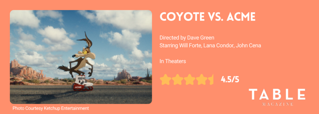 A movie rating card in orange for Coyote vs. Acme with a picture of Wild E Coyote roller skating and a 4.5/5 star rating.