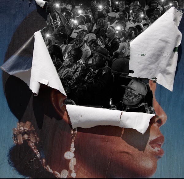 A painting of a woman torn up with black and white people sitting inside it.