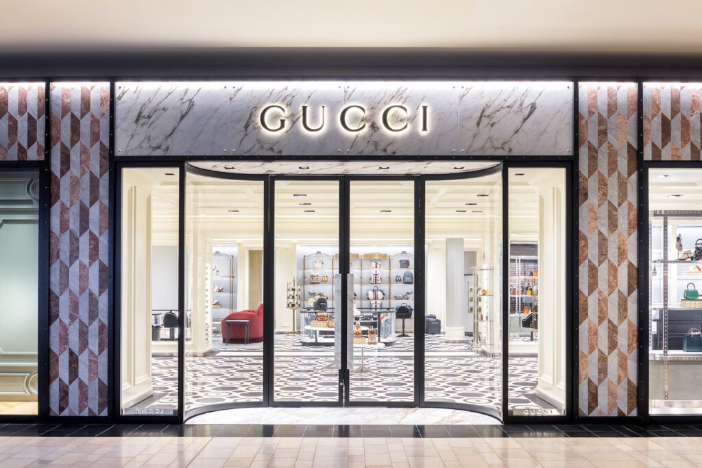 A photo of the storefront of the Gucci store in Ross Park Mall.