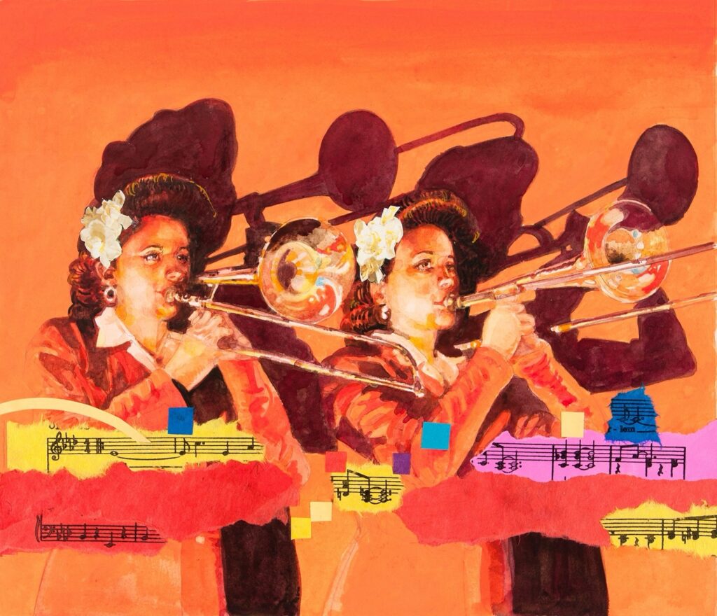 A painting of two women mariachi players playing trombone against an orange background.