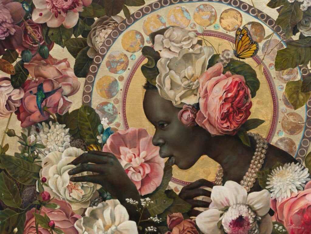 A painting of pink and white roses on a yellow background.