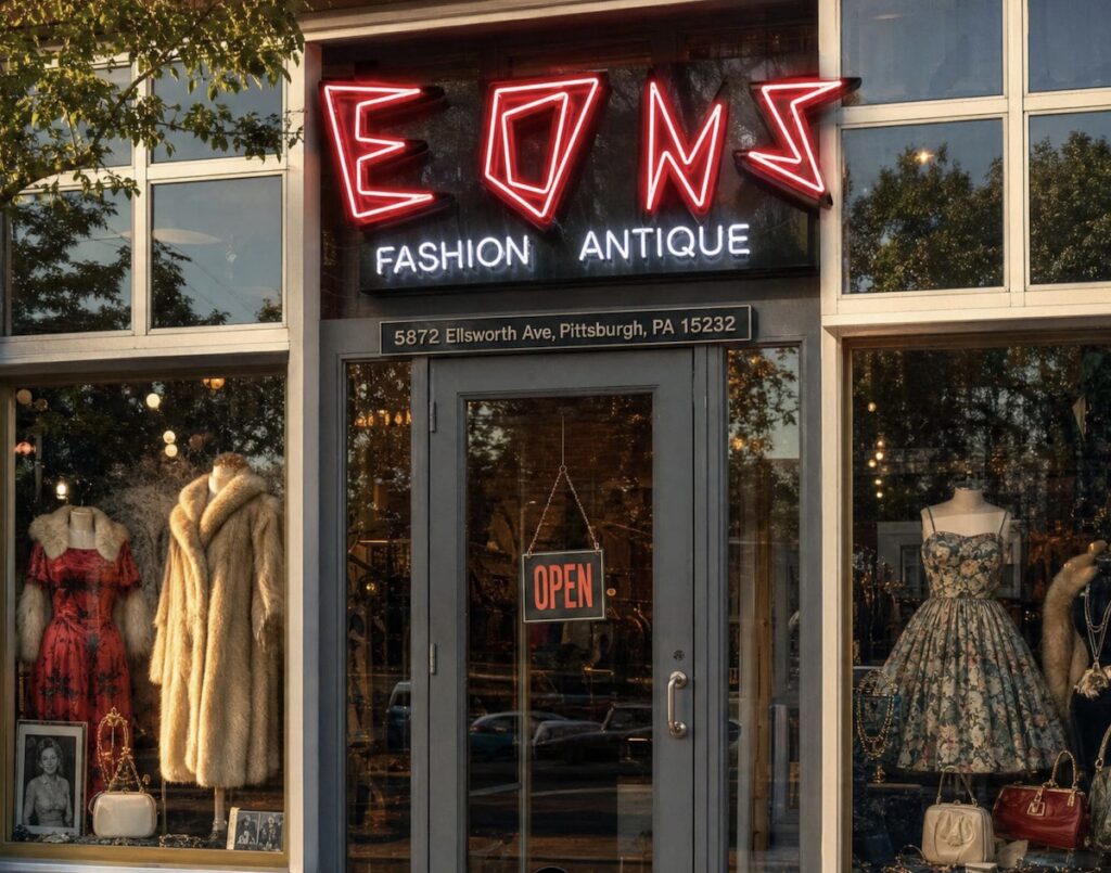 The outside of Eons Fashion thrift store with a light up sign and mannequins dressed in the windows.