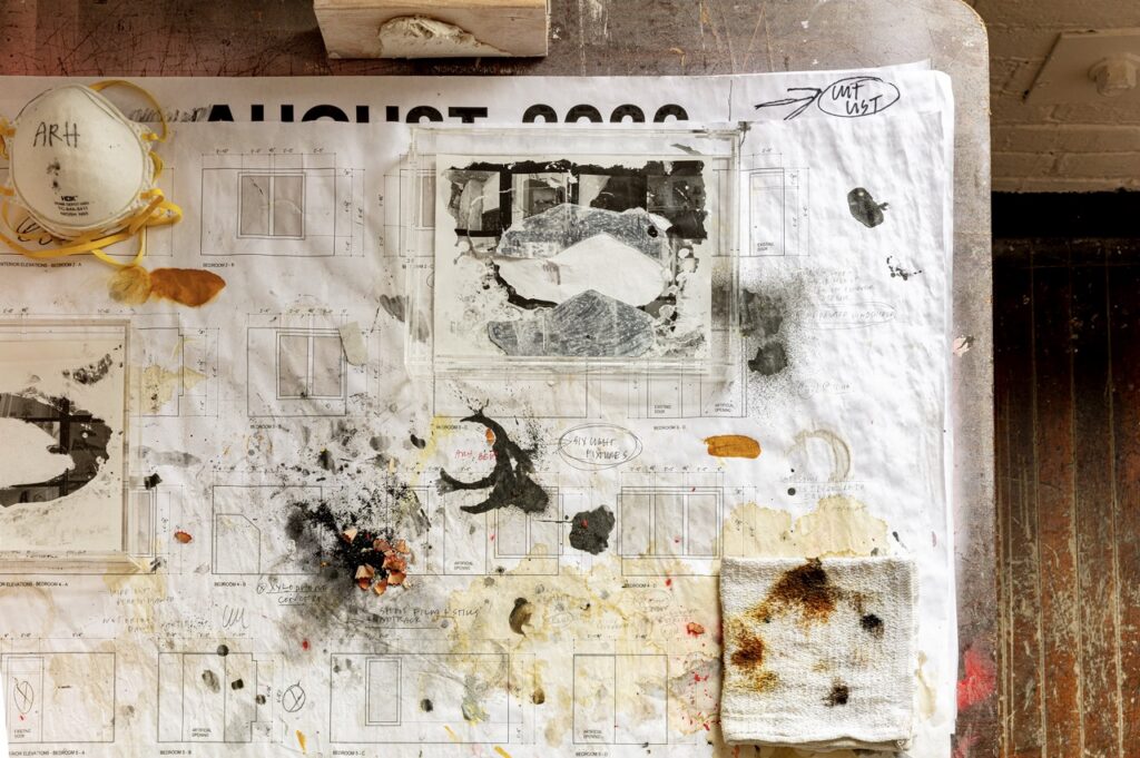 Amanda Ross-Ho's art studio: blueprints, paint, and mask