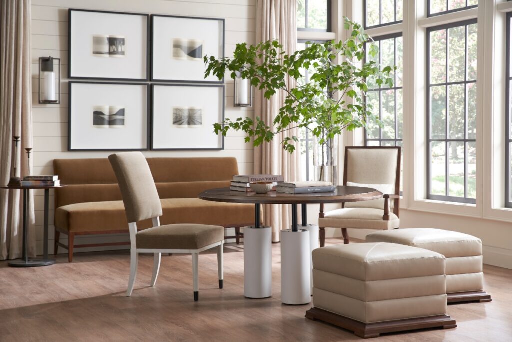 Ray Booth Hickory Chair dining set with Cadence table, banquette, chairs, and ottomans.