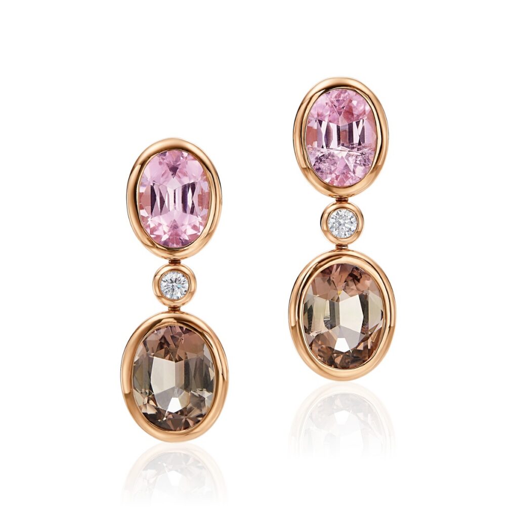 Gumuchian oval tourmaline and diamond drop earrings in rose gold.