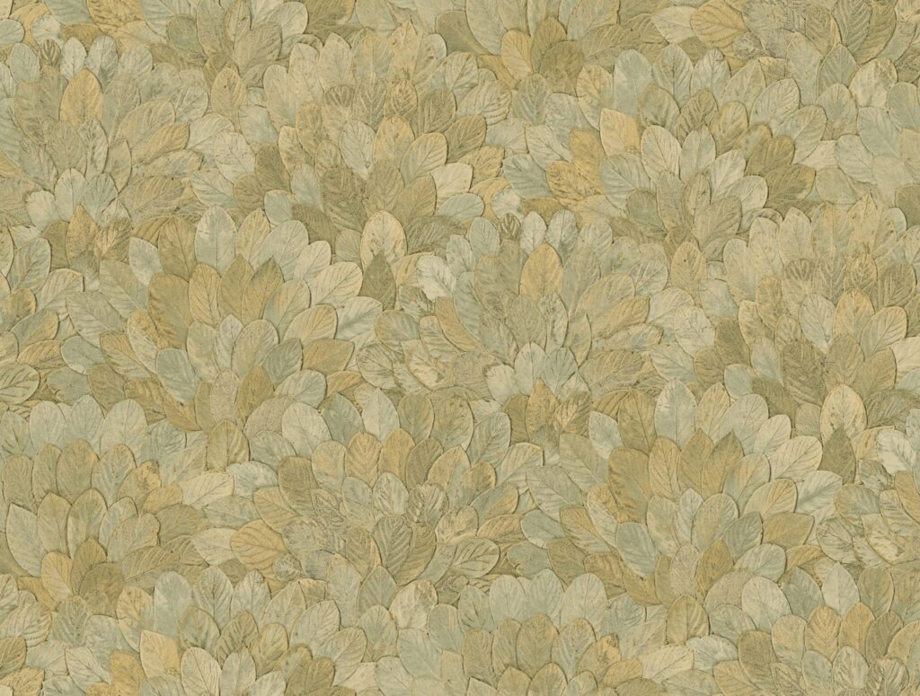 Textured wallpaper with a repeating pattern of overlapping botanical leaves in muted green and beige tones.