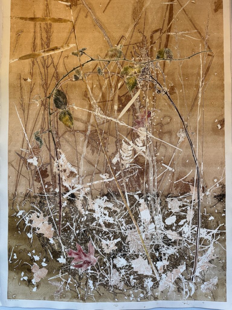 Autumnal botanical print with dried leaves and grasses in earthy tones.