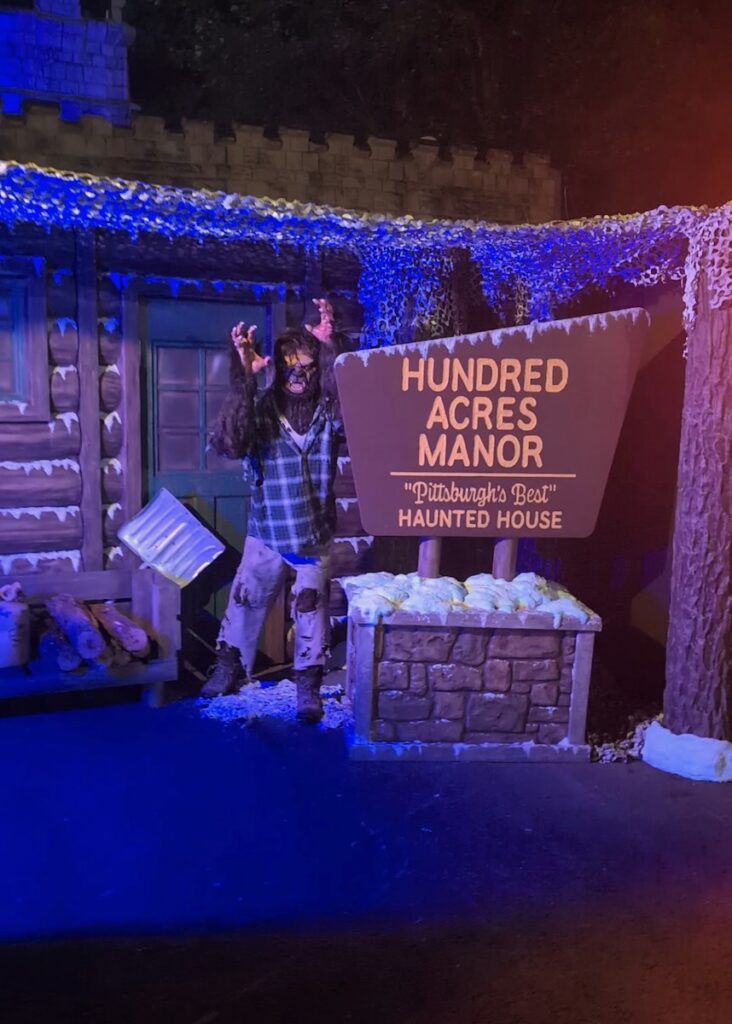 Hundred Acres Manor haunted house entrance with a Bigfoot actor.