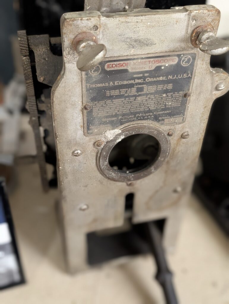 Close-up of an Edison Kinetoscope with Thomas A. Edison Inc. Orange, N.J. label