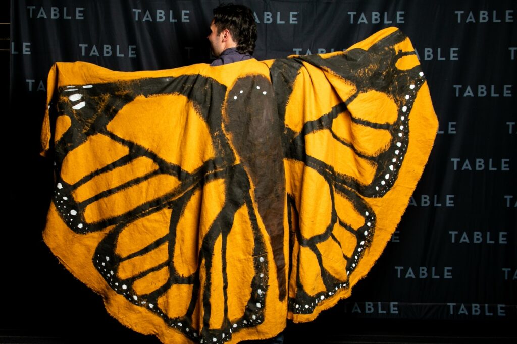 Person wearing a large monarch butterfly costume with orange and black wings.