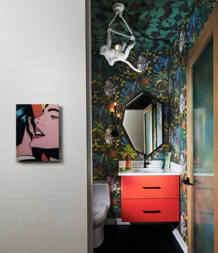 Powder Rooms Betsy Wentz TABLE Magazine Bold powder room with monkey wallpaper, red vanity, and pop art