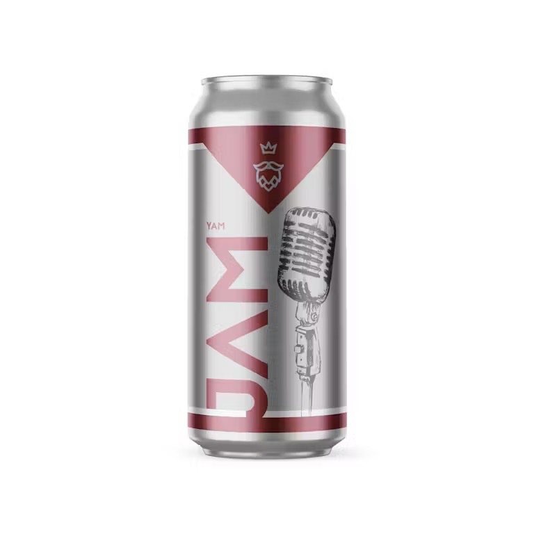 Silver beer can with "JAM" and vintage microphone graphic, for Pittsburgh pumpkin beers.
