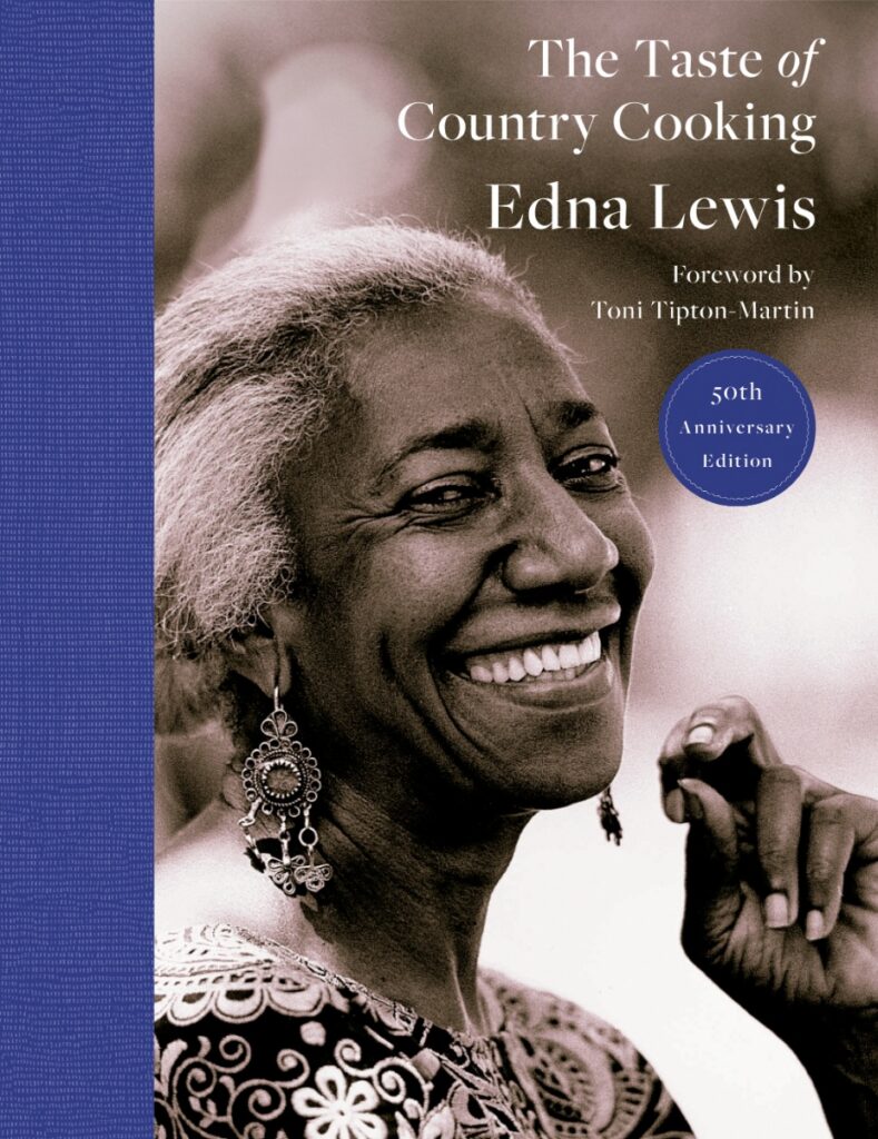 Book cover of "The Taste of Country Cooking" 50th Anniversary Edition featuring a smiling portrait of Edna Lewis.