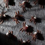 Berry Scary Spiders made from blackberries and blueberries with candy eyes and chocolate legs.