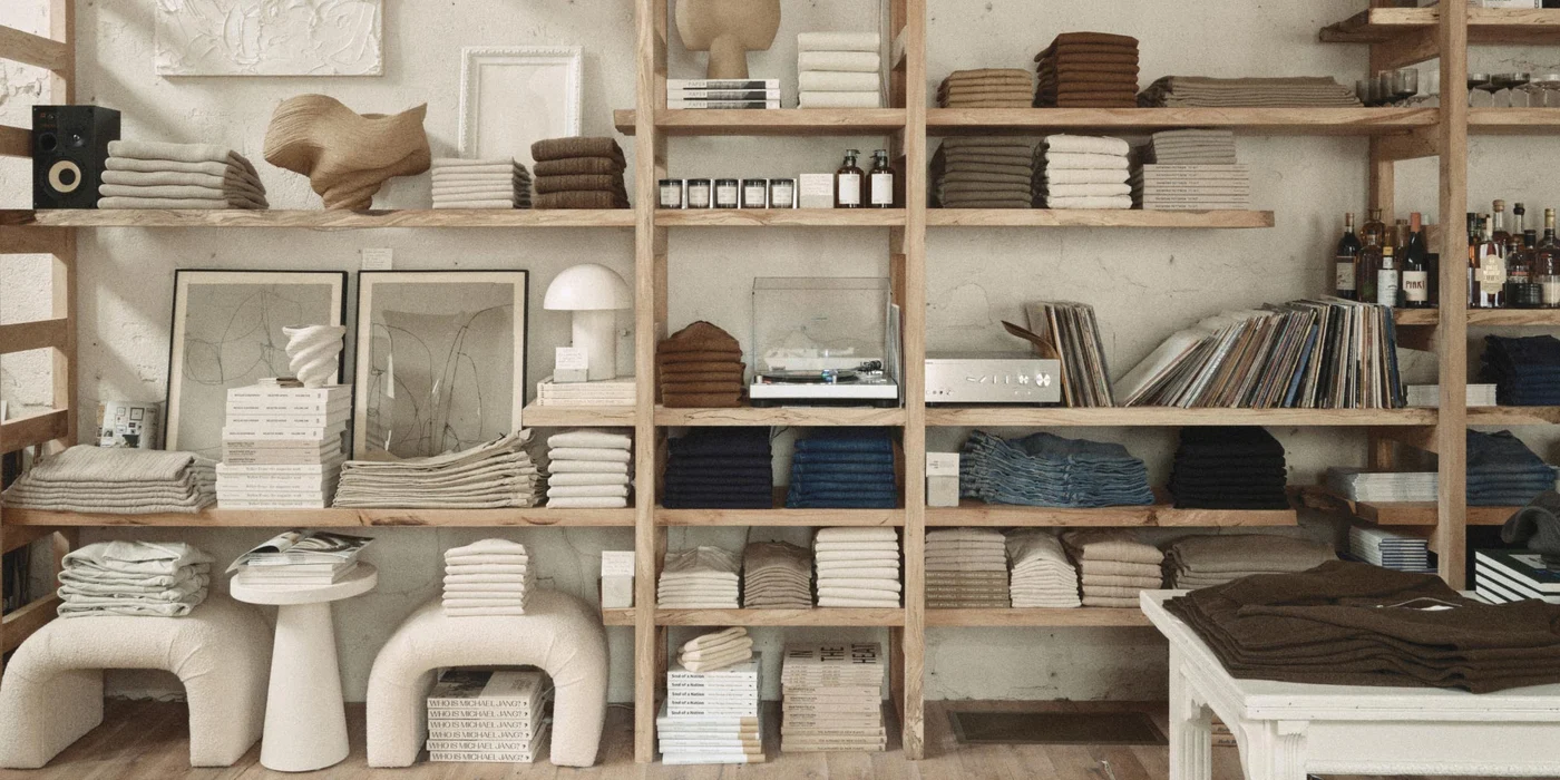 Buck Mason Sewickley shop interior: shelves with folded apparel, books, records, and decor.