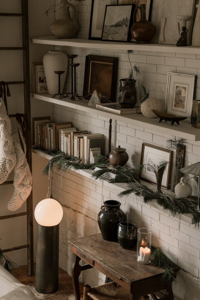 Foraged holiday decor on shelves with pine garland and candles
