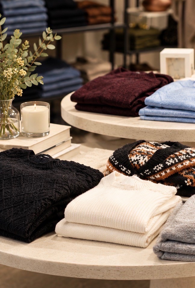 Madeleine George displays Marfa Stance fall collection sweaters in Pittsburgh store.