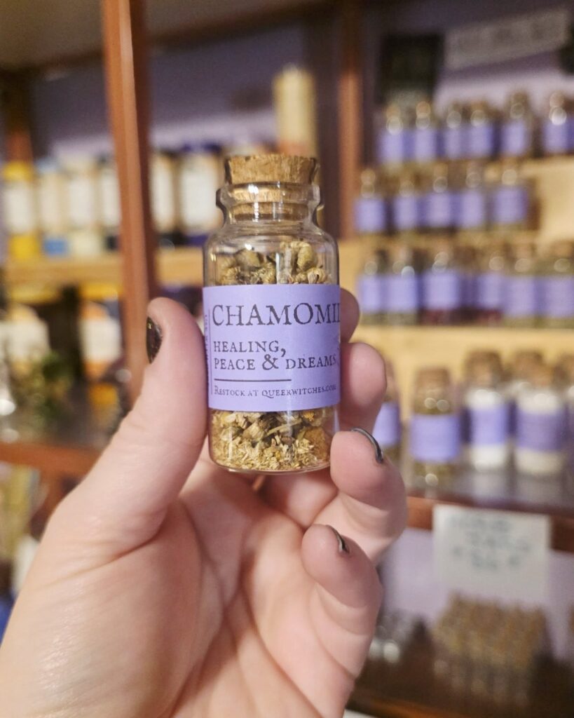 Hand holds tiny glass bottle of chamomile for healing, peace, dreams from Queez Witches