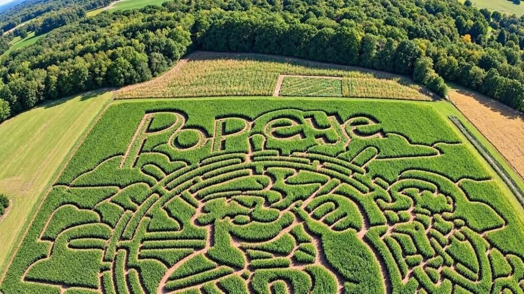 Popeye corn maze design from above, a fun fall attraction
