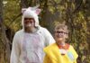 Fall Outdoor Activities and Adventures Near Pittsburgh—and One Worth the Drive Man in unicorn costume and boy in banana costume walk in fall woods.